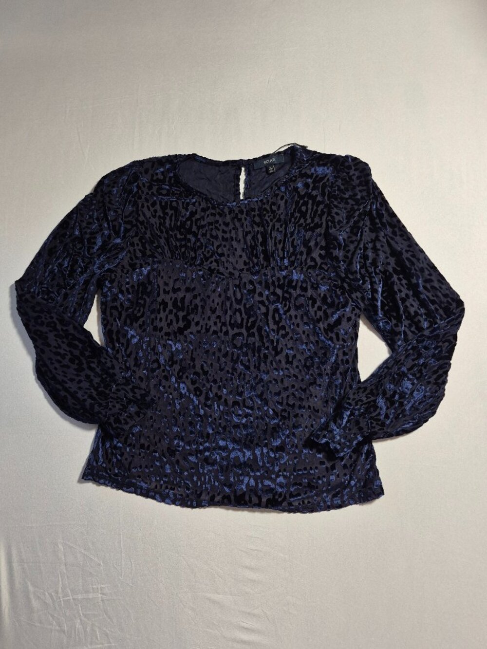 NWOT ECLAIR Velvet Burnout Blouse Women Size L Blue Animal Print Top Long Sleeve